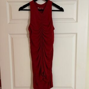 KiraGrace Red Ruched Midi Dress